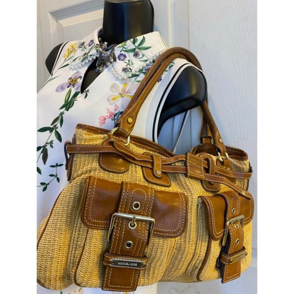 Michael Kors Yellow Brown Woven Tote Bag - Picture 7 of 15